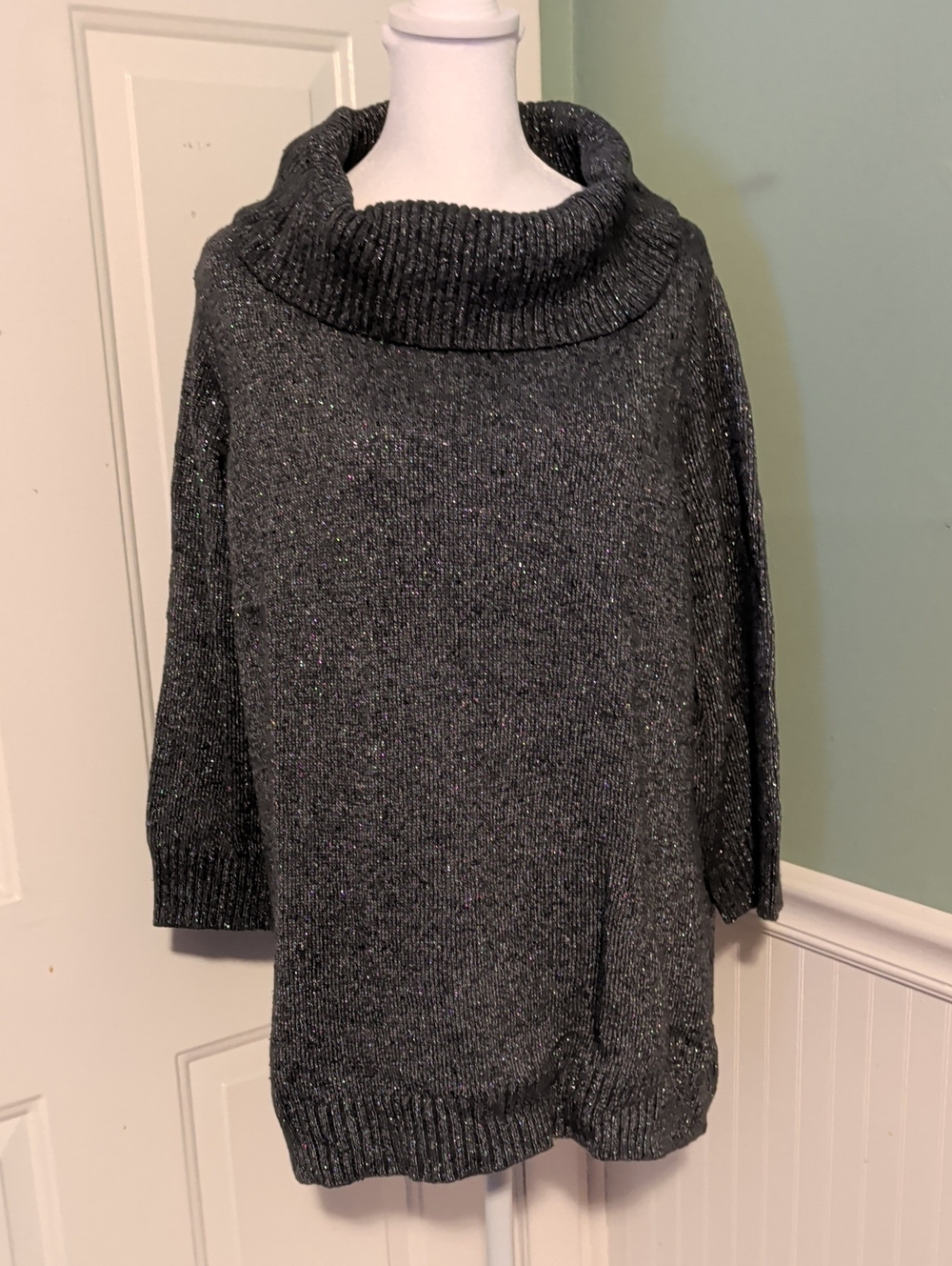 Charter Club 1X Women's Charcoal Sparkle Cowl Neck Sweater 3/4 Sleeves